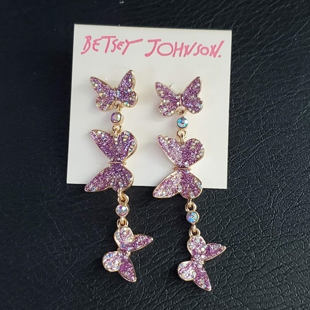 Betsey Johnson Purple Glitter Butterfly Drop Earrings Gold Tone Girly Fairycore
